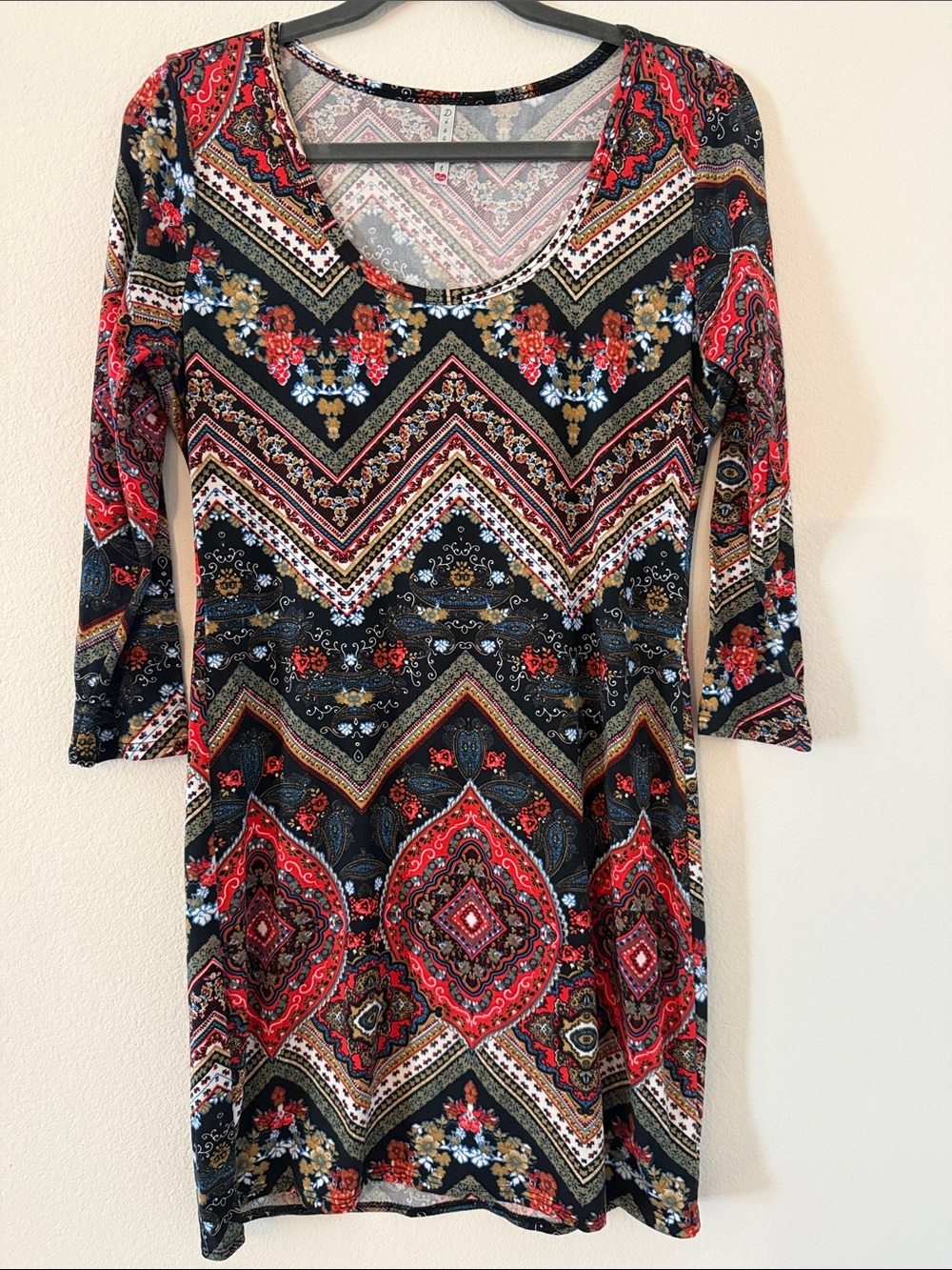 Discreet Black Dress with Red and Blue Paisley Chevron